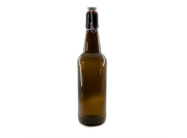 Eske med 24 stk glassflasker med patentkork, ideell for brygging, safting og oppbevaring.